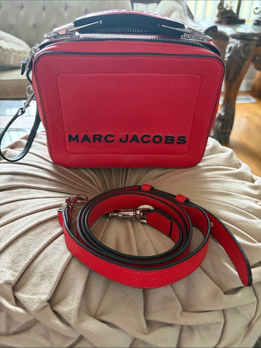 Authentic Marc Jacobs Red Leather Crossbody “Lunchbox” Bag with Detachable Strap